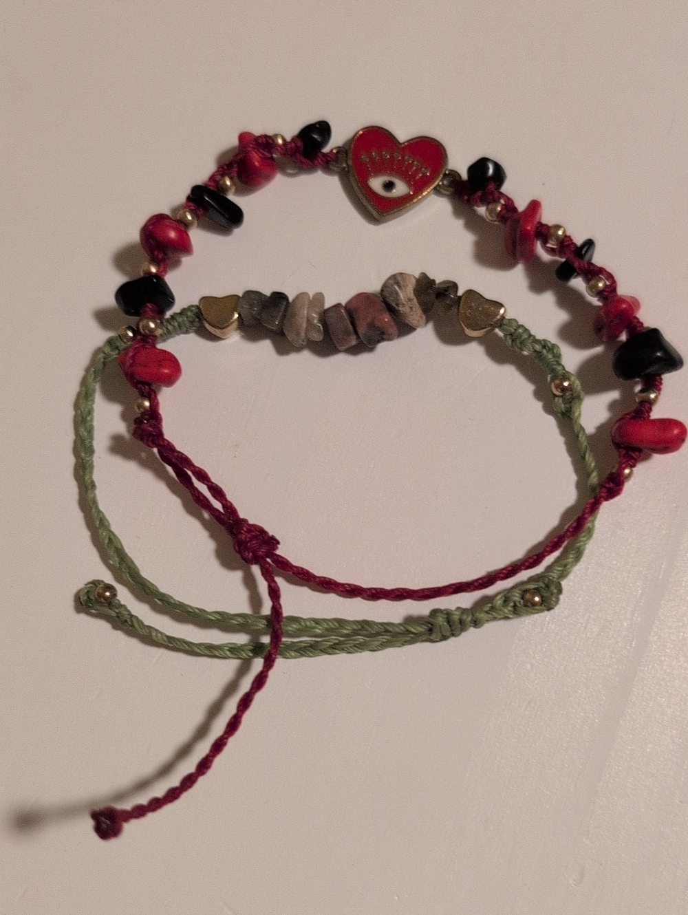 Beaded Heart & Stone Stackable Bracelets in Red, Black, Green